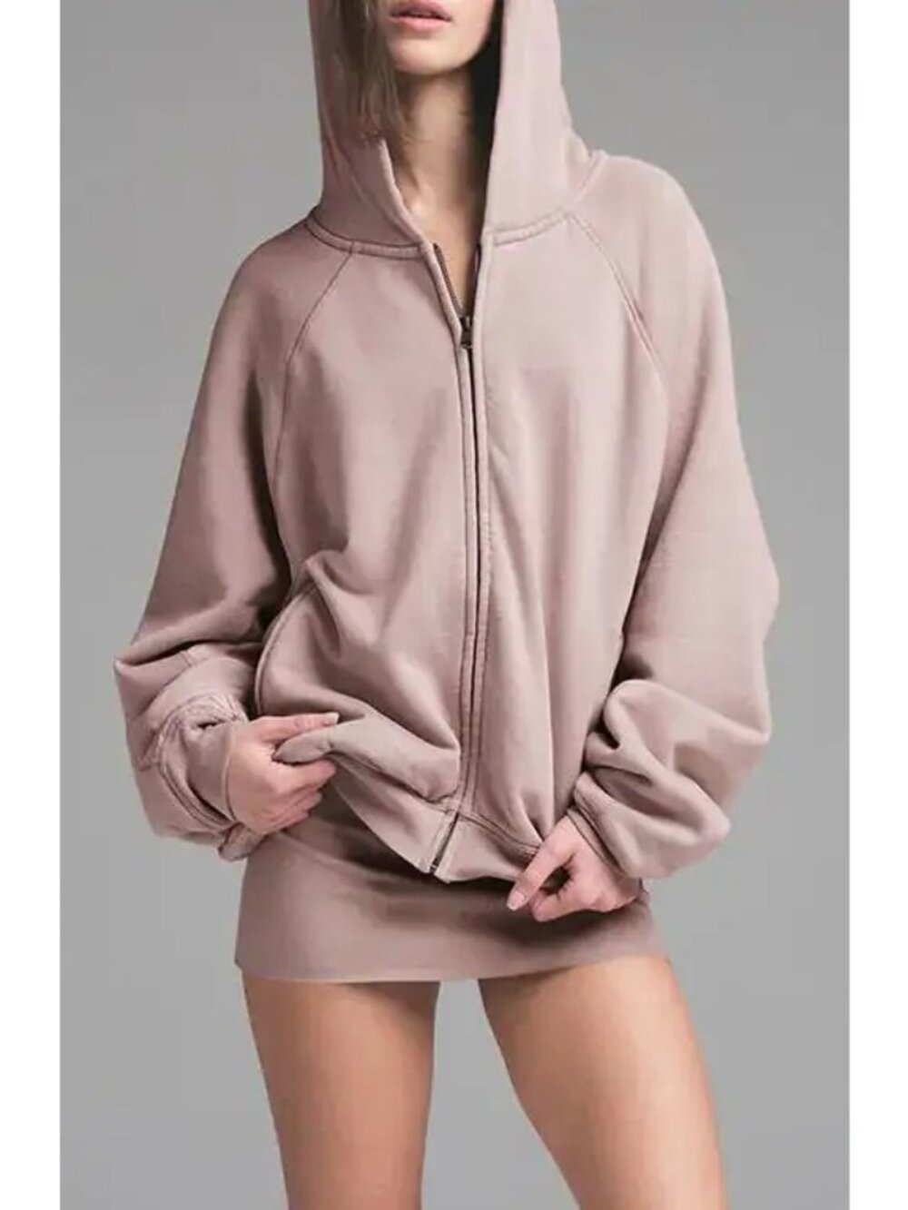 NWT SKIMS FRENCH TERRY DECONSTRUCTED ZIP-UP FAWN HOODIE SMALL
